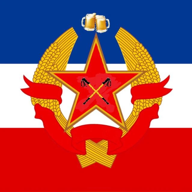 Flag of the Hike and Beer Consortium: a central red star adorned by two sheaves of wheat. Hiking poles are depicted at the center of the star. Two clinking beer Mass can be found above the star.